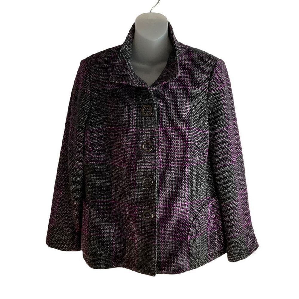 Carlisle Jacket Tweed Wool Blend Button Snap Front Black Pink Grey Weave Size 14